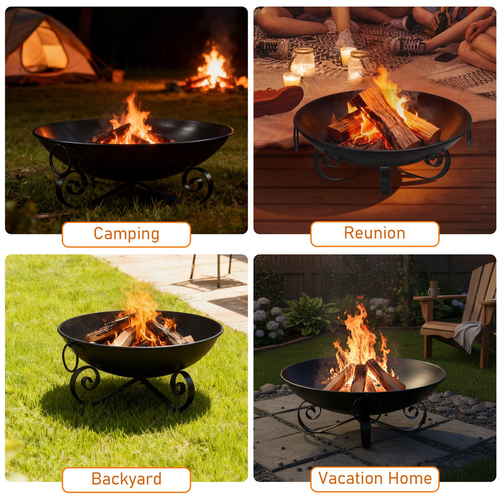24 Inch Heavy-Duty Metal Fire Pit Bowl Outdoor Wood-Burning Firepit with Handles
