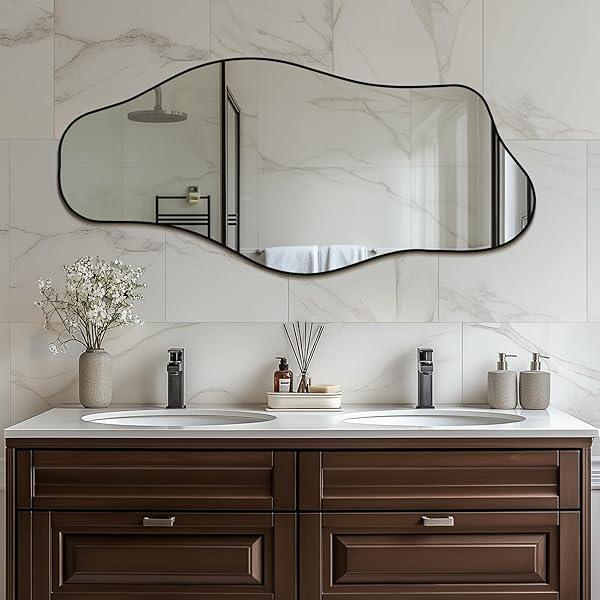 Mirrorons Irregular Wall Mirror, Black Asymmetrical Mirror Decorative Bathroom Mirror, Cloud Mirror, Modern Vanity Mirror, Shatterproof Black Mirror