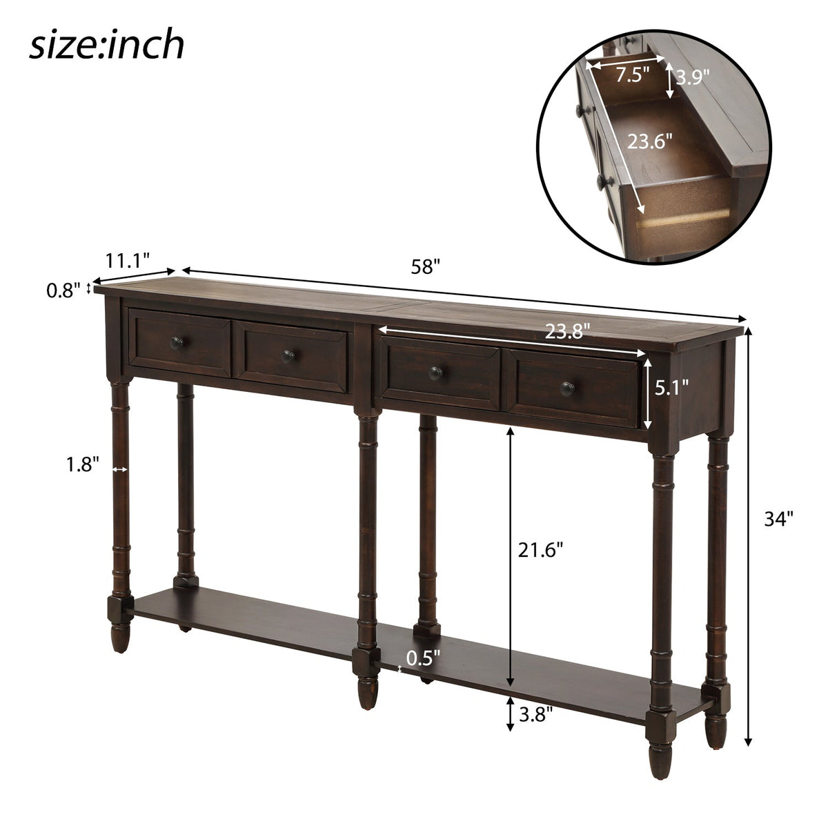 TREXM Console Table Sofa Table Easy Assembly with Two Storage Drawers and Bottom Shelf for Living Room Entryway (Espresso)